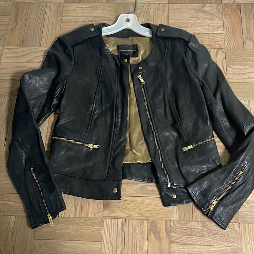 French Connection real leather jacket extra small or small vintage black